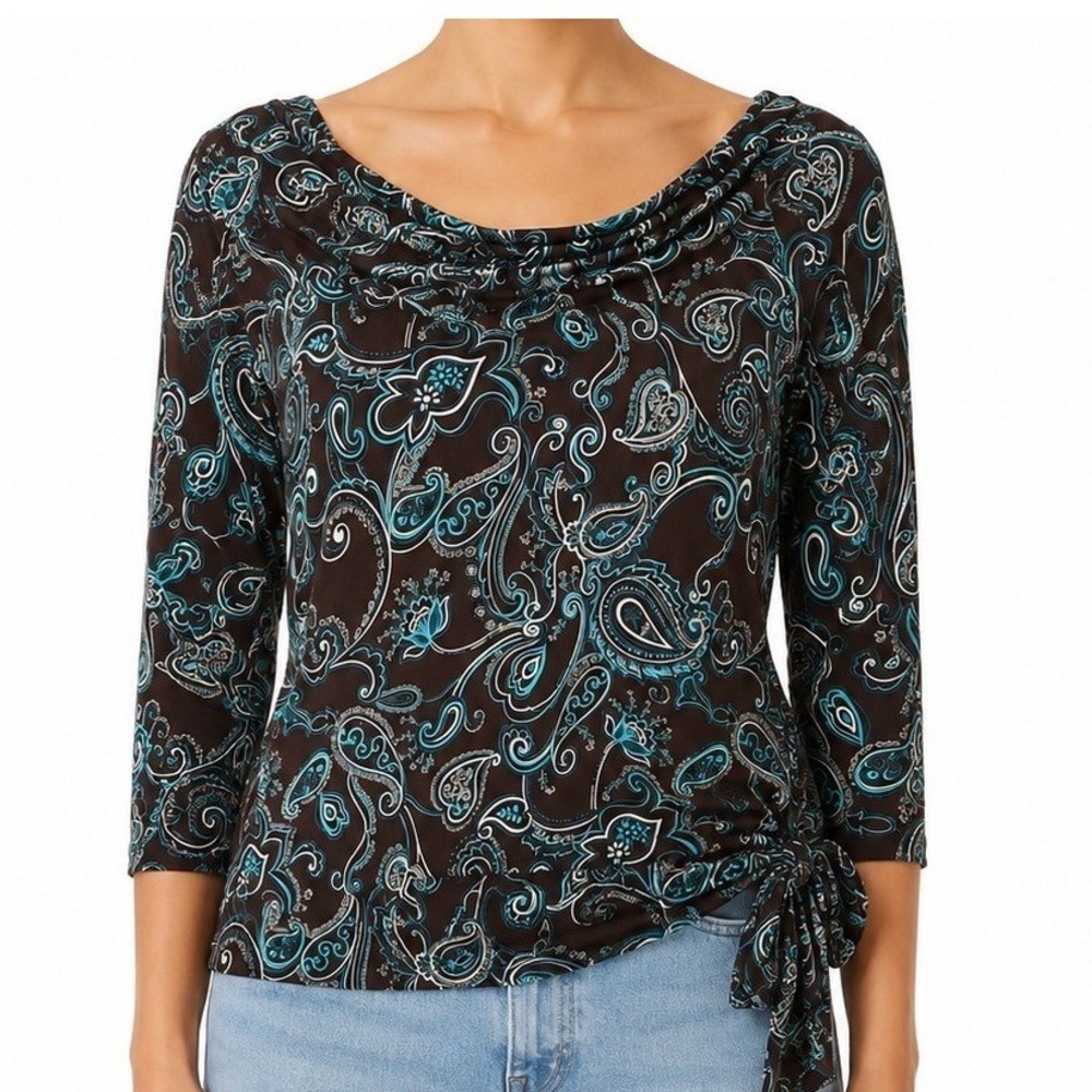 George‎ Stretch Brown Paisley Drape Neck Tie Waist 3/4 Sleeve Top Size Large